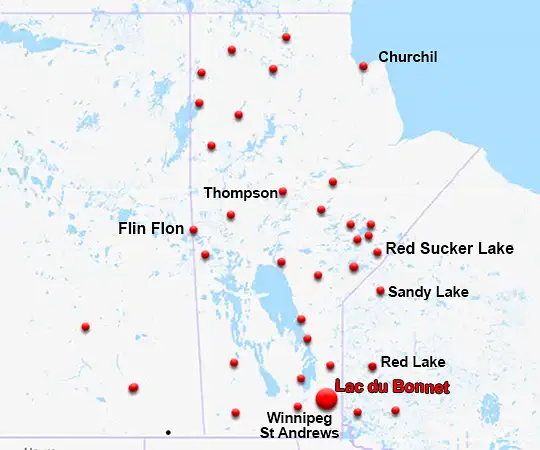 Map showing the location of Lac du Bonnet in Manitoba